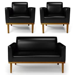 Sofá Namoradeira e 2 Poltronas Base Madeira Castanho Maressa Sintético PU Preto - Ibiza