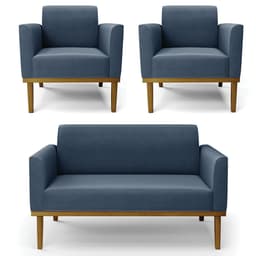 Sofá Namoradeira e 2 Poltronas Base Madeira Castanho Maressa Suede Azul Marinho - Ibiza