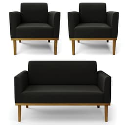 Sofá Namoradeira e 2 Poltronas Base Madeira Castanho Maressa Suede Preto - Ibiza