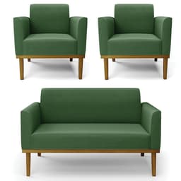 Sofá Namoradeira e 2 Poltronas Base Madeira Castanho Maressa Suede Verde - Ibiza
