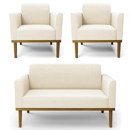 Sofá Namoradeira e 2 Poltronas Base Madeira Castanho Maressa Veludo Bege - Ibiza