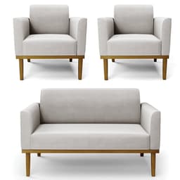 Sofá Namoradeira e 2 Poltronas Base Madeira Castanho Maressa Veludo Cinza - Ibiza