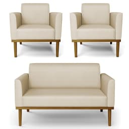 Sofá Namoradeira e 2 Poltronas Base Madeira Castanho Maressa Veludo Luxo Off White - Ibiza