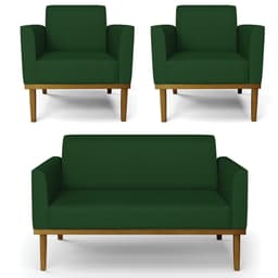 Sofá Namoradeira e 2 Poltronas Base Madeira Castanho Maressa Veludo Luxo Verde - Ibiza