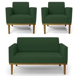 Sofá Namoradeira e 2 Poltronas Base Madeira Castanho Maressa Veludo Verde - Ibiza