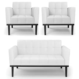 Sofá Namoradeira e 2 Poltronas Base Madeira Preto Ana Sintético Branco - Ibiza