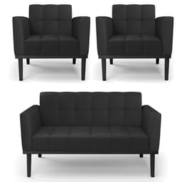 Sofá Namoradeira e 2 Poltronas Base Madeira Preto Ana Sintético Preto - Ibiza