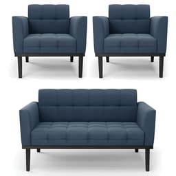 Sofá Namoradeira e 2 Poltronas Base Madeira Preto Ana Suede Azul Marinho - Ibiza