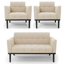 Sofá Namoradeira e 2 Poltronas Base Madeira Preto Ana Suede Bege - Ibiza