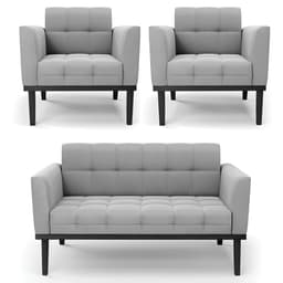 Sofá Namoradeira e 2 Poltronas Base Madeira Preto Ana Suede Cinza - Ibiza