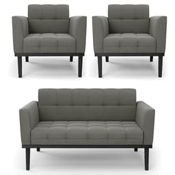 Sofá Namoradeira e 2 Poltronas Base Madeira Preto Ana Suede Grafite - Ibiza