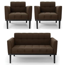 Sofá Namoradeira e 2 Poltronas Base Madeira Preto Ana Suede Marrom - Ibiza