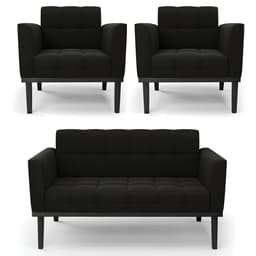 Sofá Namoradeira e 2 Poltronas Base Madeira Preto Ana Suede Preto - Ibiza