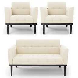 Sofá Namoradeira e 2 Poltronas Base Madeira Preto Ana Veludo Bege - Ibiza