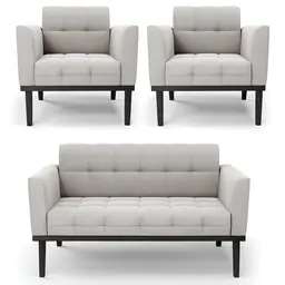 Sofá Namoradeira e 2 Poltronas Base Madeira Preto Ana Veludo Cinza - Ibiza