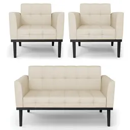 Sofá Namoradeira e 2 Poltronas Base Madeira Preto Ana Veludo Luxo Off White - Ibiza