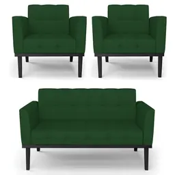 Sofá Namoradeira e 2 Poltronas Base Madeira Preto Ana Veludo Luxo Verde - Ibiza