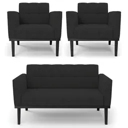 Sofá Namoradeira e 2 Poltronas Base Madeira Preto Ana Veludo Preto - Ibiza