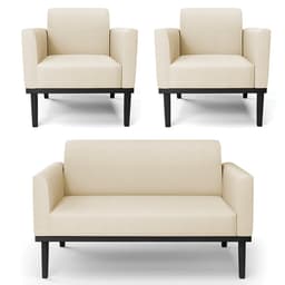 Sofá Namoradeira e 2 Poltronas Base Madeira Preto Maressa Linho Bege - Ibiza