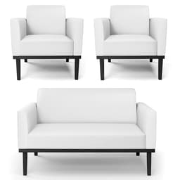 Sofá Namoradeira e 2 Poltronas Base Madeira Preto Maressa Sintético Branco - Ibiza