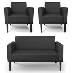 Sofá Namoradeira e 2 Poltronas Base Madeira Preto Maressa Sintético Preto - Ibiza