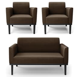 Sofá Namoradeira e 2 Poltronas Base Madeira Preto Maressa Suede Marrom - Ibiza