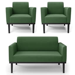 Sofá Namoradeira e 2 Poltronas Base Madeira Preto Maressa Suede Verde - Ibiza