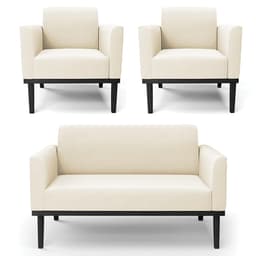 Sofá Namoradeira e 2 Poltronas Base Madeira Preto Maressa Veludo Bege - Ibiza