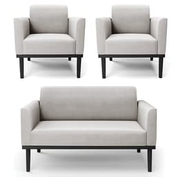 Sofá Namoradeira e 2 Poltronas Base Madeira Preto Maressa Veludo Cinza - Ibiza