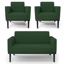 Sofá Namoradeira e 2 Poltronas Base Madeira Preto Maressa Veludo Verde - Ibiza