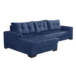 Sofá 5 Lugares Dijon com Chaise Esquerdo e Entrada USB Suede Azul Marinho