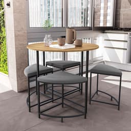 Conjunto de Mesa Redonda Industrial com Tampo MDP Freijó e 4 Bancos Helena Suede Cinza e Preto