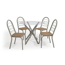 Conjunto de Mesa de Cozinha Redonda com Tampo de Vidro e 4 Cadeiras Monika Corino Marrom e Nikel
