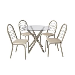 Conjunto de Mesa de Cozinha Redonda com Tampo de Vidro e 4 Cadeiras Monika Corino Off White e Nikel