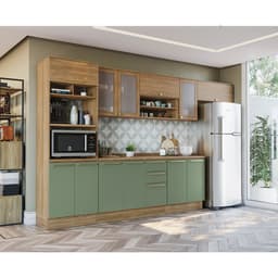 Cozinha Compacta Botanic com Tela 12 Portas 3 Gavetas Nogueira e Verde