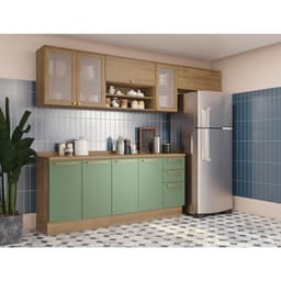 Cozinha Compacta Botanic com Tela 9 Portas 3 Gavetas Nogueira e Verde