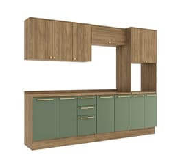 Cozinha Completa Botanic 12 Portas 3 Gavetas Verde e Nogueira 270 cm