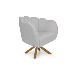 Poltrona Ariel Giratória Linho Creme e Madeira