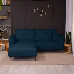 Sofá 3 Lugares com Molas Ensacadas 200 cm e Puff Unne Linho Azul Marinho