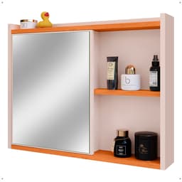 Espelheira Armário Banheiro Suspenso com Espelho 1 Porta Prateleira Organizadora Lavabo Luxo - Off White/Cinamomo