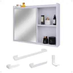 Espelheira Armário de Banheiro 1 Porta Prateleira Espelho Kit Acessórios Lavabo 4 Peças Aço Inox Branco - RPM