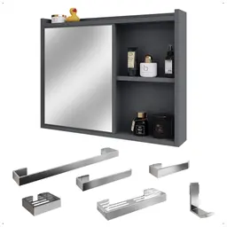 Espelheira Suspensa Armário Banheiro Prateleira Organizadora Cinza Kit Acessórios Lavabo 6 Peças Resistente Premium Cromado - RPM