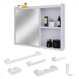 Espelheira Suspensa Armário Banheiro Prateleira Organizadora Kit Acessórios Lavabo 6 Peças Resistente Premium Branco - RPM