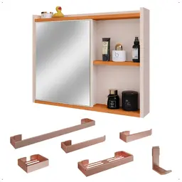 Espelheira Suspensa Armário Banheiro Prateleira Organizadora Off/Cinamomo Kit Acessórios Lavabo 6 Peças Resistente Premium Rose - RPM