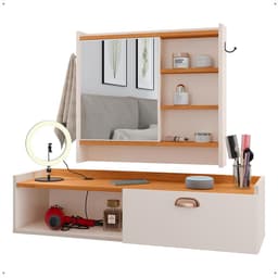 Kit Espelheira Genova Prateleira Porta Itens Banheiro Rack Suspenso Classic Puxador Concha Multiuso Sala Quarto Off White/Cinamomo - Lojas RPM