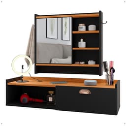 Kit Espelheira Genova Prateleira Porta Itens Banheiro Rack Suspenso Classic Puxador Concha Multiuso Sala Quarto Preto/Cinamomo - Lojas RPM