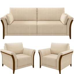 Kit Sofá 02 Lugares Sala Estar 162cm Com 02 Poltronas Stefan Pés Madeira M03 Linho Bege - Lyam Decor