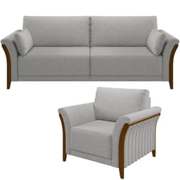 Kit Sofá 02 Lugares Sala Estar 162cm Com Poltrona Stefan Pés De Madeira M03 Linho Cinza - Lyam Decor