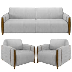 Kit Sofá 02 Lugares Sala Estar 168cm Com 02 Poltronas Flora Pés Madeira M03 Veludo Cinza - Lyam Decor