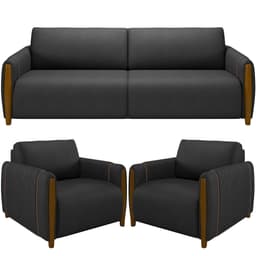 Kit Sofá 03 Lugares Sala Estar 223cm Com 02 Poltronas Flora Pés Madeira M03 Couríssimo Preto - Lyam Decor